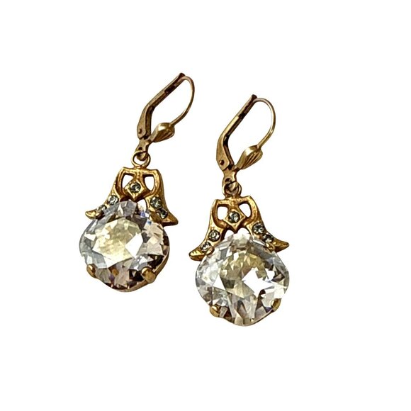 Art Deco Style Rhinestone Drop Earrings Brass Leverback Vintage Dangle 1.5" - Picture 1 of 10